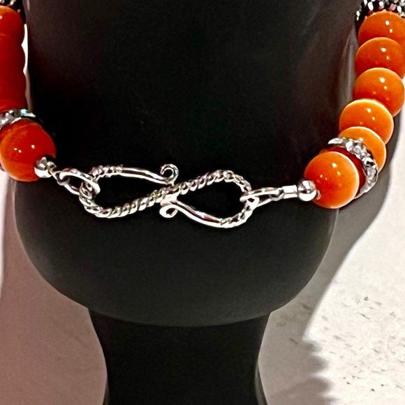 Orange Cat-Eye Handmade Beaded Ankle Bracelet with Silver Daisy Accents - Picture 3 of 6